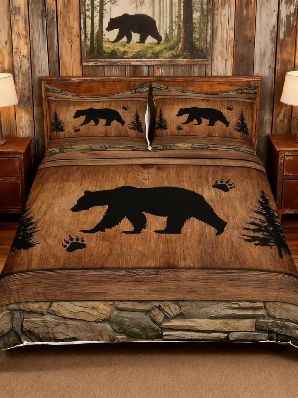 Rustic Bear Duvet Cover Set Queen Size, Wildlife Hunting Theme Comforter Cover